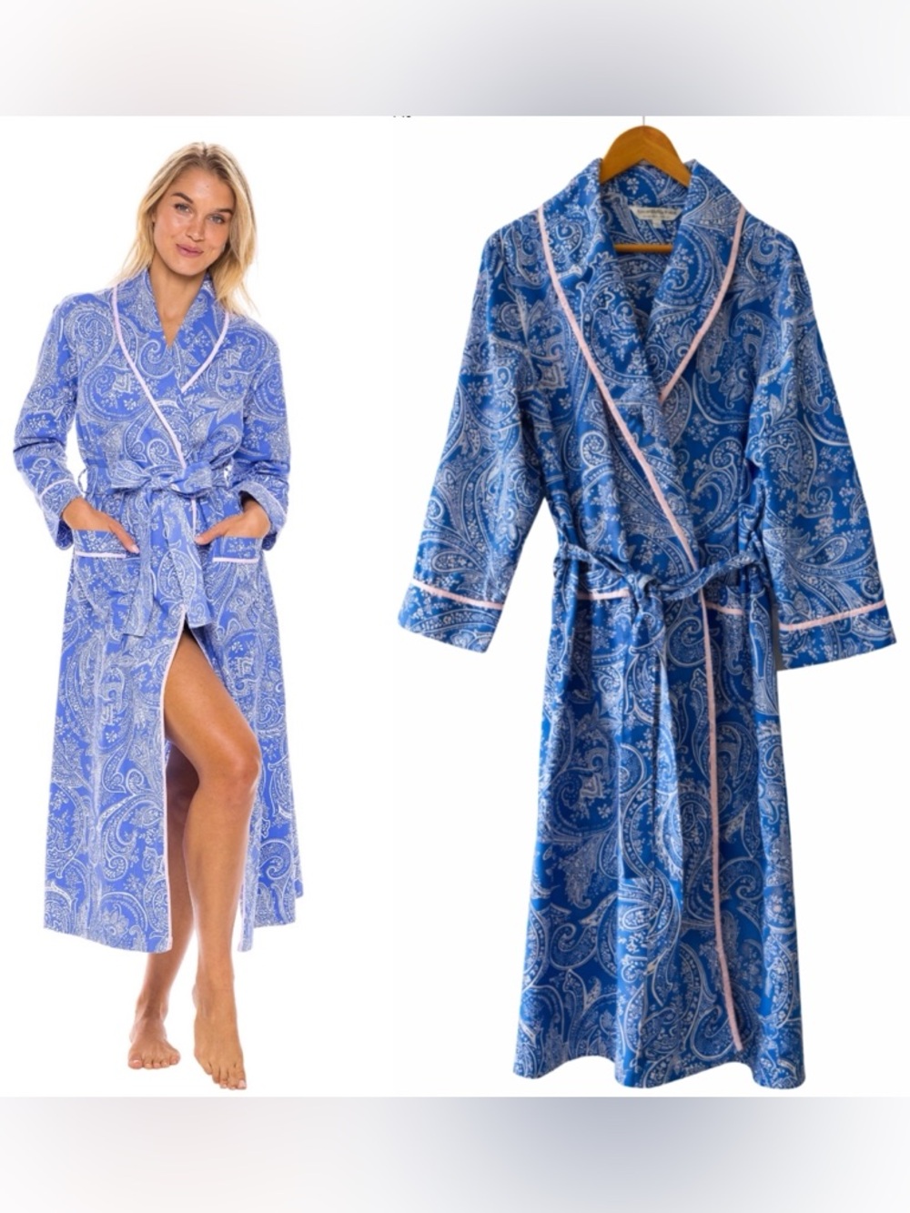 Alexander Del Rossa Women's Robe Blue Pink Trim Paisley Cotton Lg Palm Coast